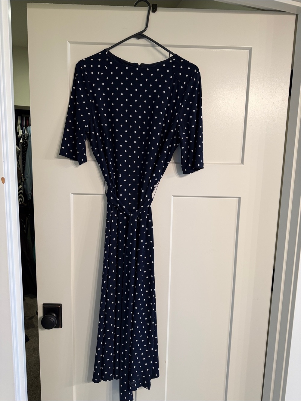 Anne Klein Navy and White Polka Dot Midi Dress with 3/4 length sleeves